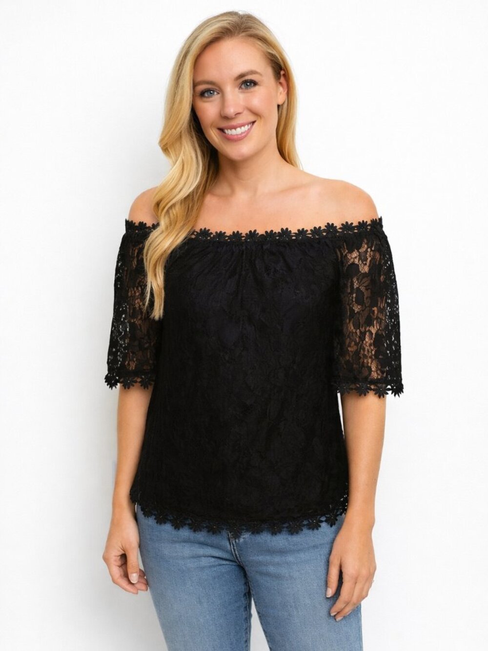 Miholl Black Lace Off the Shoulder Blouse Women’s Medium | Sheer Overlay Top